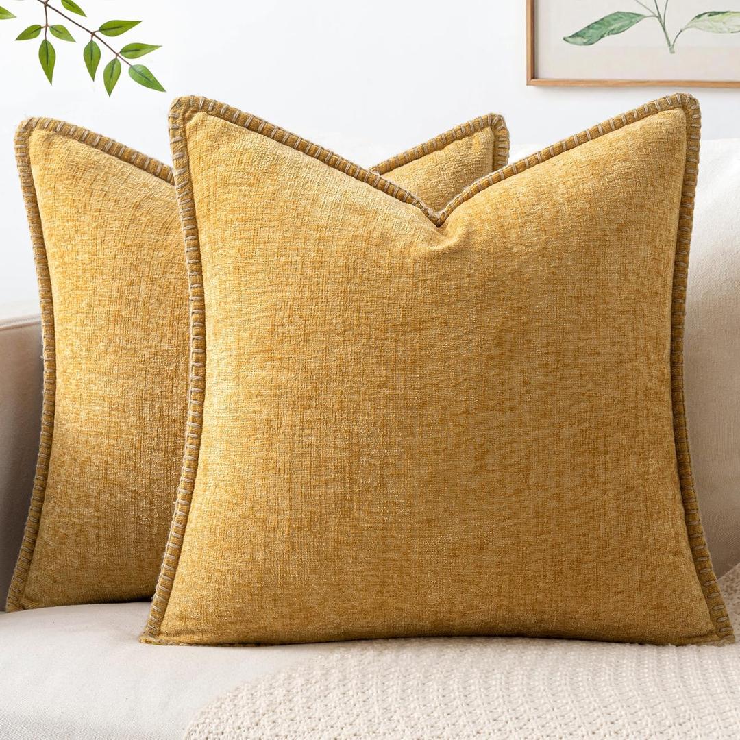 MIULEE Pack of 2 Summer Throw Pillow Covers 18x18 Inch Gold Farmhouse Decorative Pillow Covers with Stitched Edge Soft Chenille Solid Dyed Pillow Covers for Couch Sofa Bed Living Room