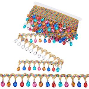 OLYCRAFT 10 Yard Sequins Ribbon with Colorful Rhinestone 1.6 Inch Width Beaded Tassel Fringe Trim Sequin Tassel Trim Gold Braid Fringe Lace Ribbon Rhinestone Braided Ribbons for Clothes DIY Home Decor