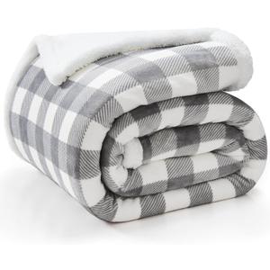 BEDELITE Sherpa Fleece Blankets King Size - Grey and White Buffalo Plaid Christmas Blanket, Super Soft Cozy Warm Thick Winter Blanket for Couch and Bed, 108" x 90"