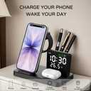 5 in 1 Wireless Charging Station with Alarm Clock Pen Holder, Fast Wireless Charger for iPhone 17/16/15/14/13/12/Pro/Max/Air, for iWatch & AirPods, Charger Stand with Temperature, Snooze Model White
