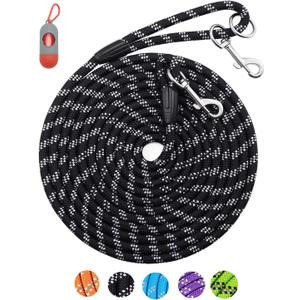Reflective Rope Check Cord Dog Leash - 16FT/50FT, Heavy Duty for Large, Medium, Small Dogs - Walking, Camping, Yard (50FT* 3/8 inch, Black)