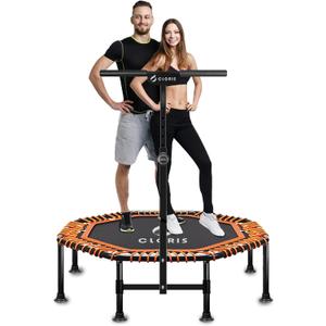 Cloris 50inch Mini Trampoline with Adjustable Handle Bar Fitness Trampoline Bungee Rebounder Jumping Cardio Trainer Workout for Adults, Max Load 450lbs with 5 Hights Adjustable Foam Handle, Black/Orange
