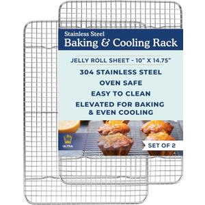 Ultra Cuisine Oven-Safe, Dishwasher-Safe 100% Stainless Steel Cooling & Baking Rack Set - Jelly Roll Sheet Pan Size - Heavy Duty - 10 x 14.7" - Set of 2 - Wire Cooling Racks for Baking & Cooking