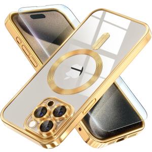 Misea Magnetic for iPhone 15 Pro Max Case with MagSafe [Never Yellowing] [Military Grade Drop Protection] Full Camera Lens Protector Plating Soft Clear Phone Case for Women Girls, Gold