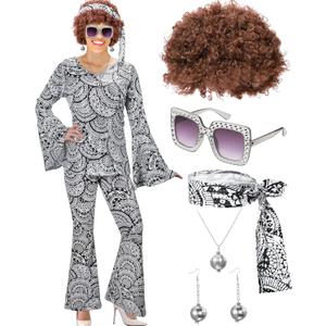 Jexine 7 Pcs 60s 70s Disco Outfits for Women Disco Party Costume Set Top Pants Sunglasses Ball Necklace Earring Wig Halloween (3X-Large)