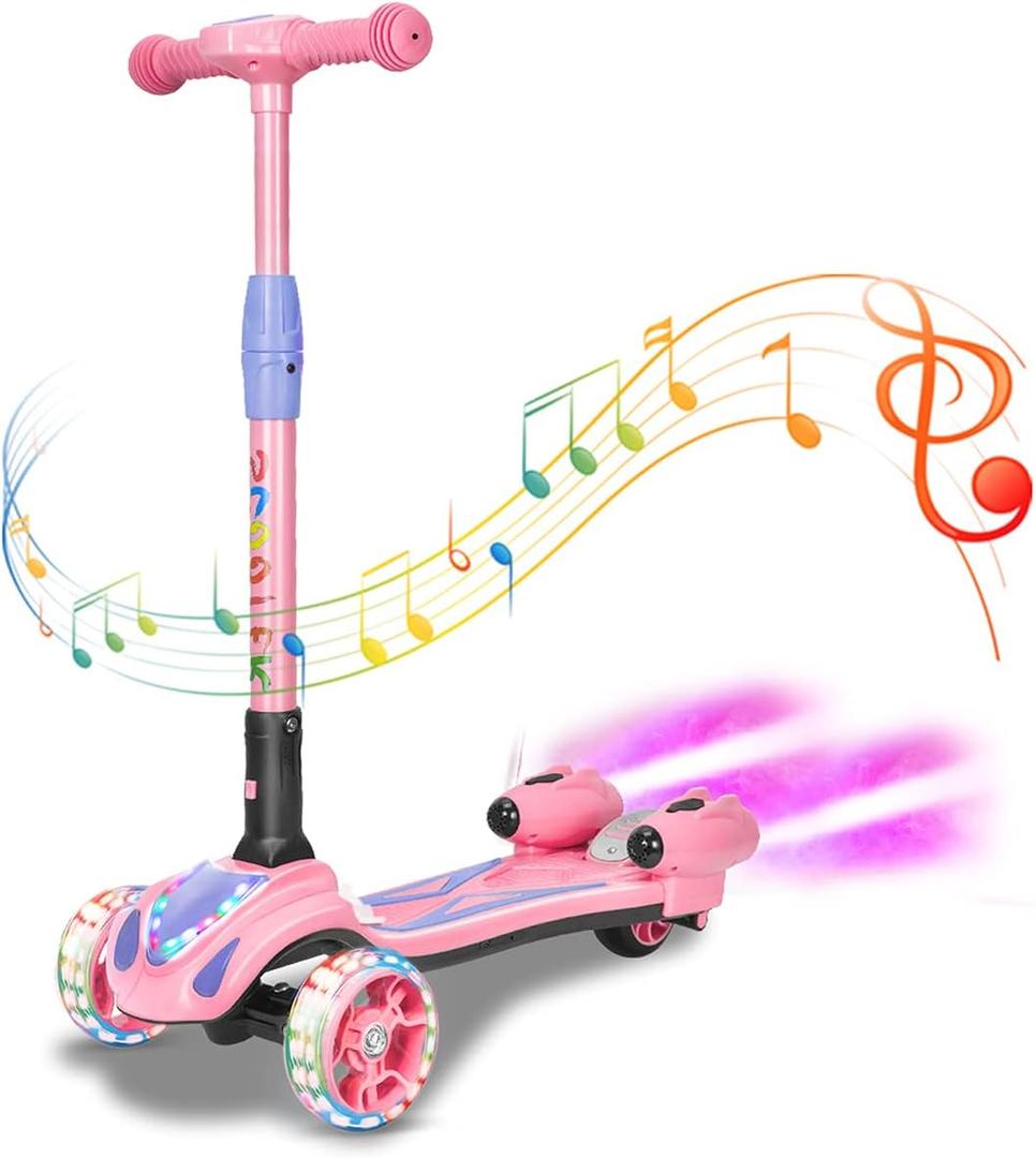 3 Wheel Scooter for Kids, Toddler Scooter with Bluetooth Music Speaker Steam Sprayer LED Lights Aluminum Alloy T-Bar, Folding Kick Scooters for Boys Girls Ages 3-10 (Pink)