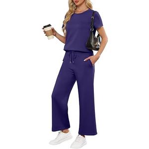 ANRABESS Women's 2 Piece Outfits Lounge Sets 2025 Summer Sweatsuits Short Sleeve Wide Leg Pants Sweat Set Tracksuits Clothes Navy Blue Small, S