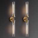 Bathroom Wall Sconces Set of Two, 30" Knurled Brass Wall Sconces with Tube Glass,Gold Sconces Wall Lighting Vanity Sconce for Bedroom,Living Room,Hallway, Staircase(E26 Bulb Include) (2PK)