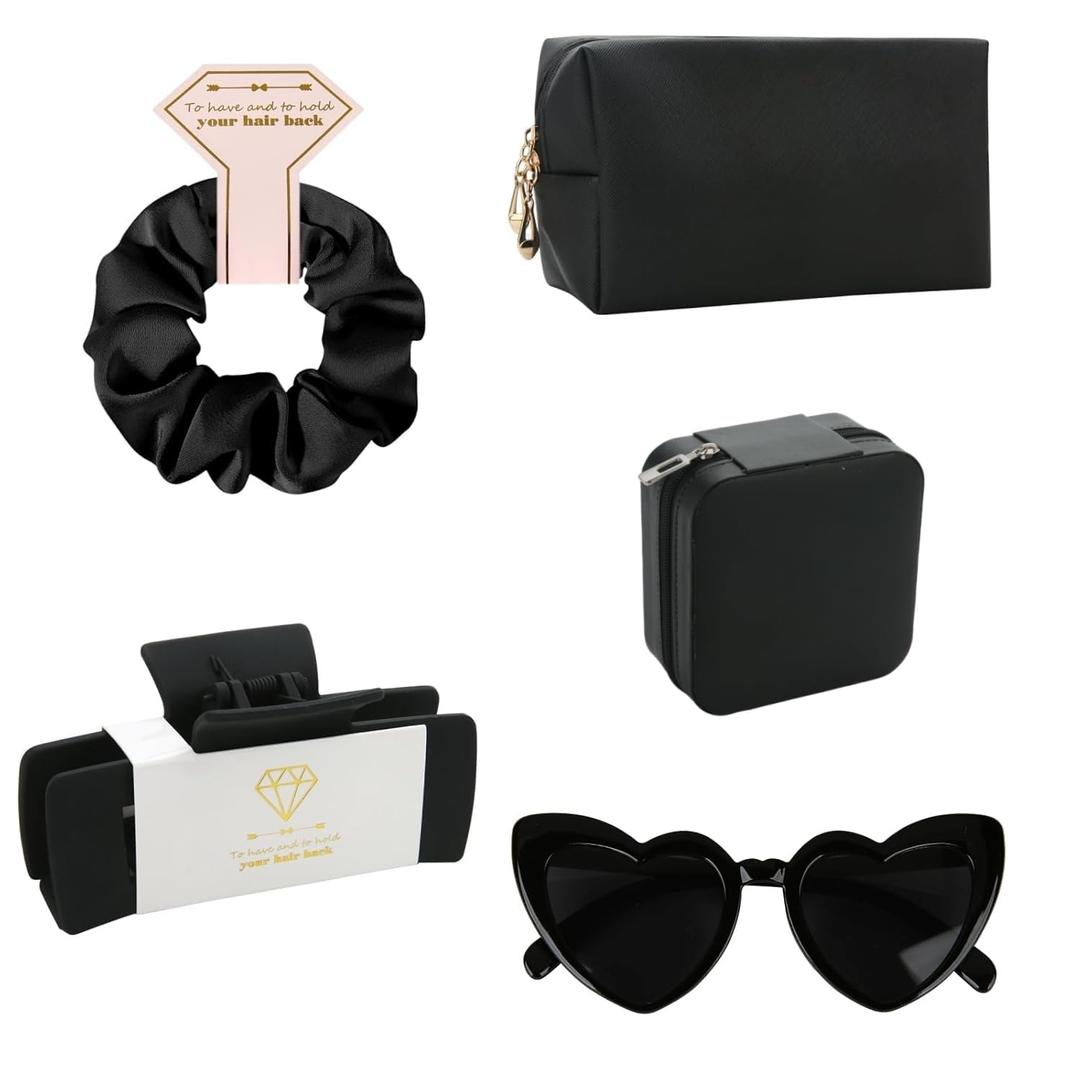 5pcs Bridesmaid Scrunchies Proposal Gifts makeup bag bulk Jewelry Box 4.1inch square Hair Claws Bachelorette Hair Clip heart sunglasses Girls for Wedding Party Favors (Black, Medium)