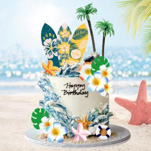 Summer Beach Happy Birthday Cake Topper Surfboard Palm Model Tree Umbrella Chair for Swimming Beach Luau Birthday (Surfboard)