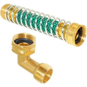 Joywayus 3/4" GHT Garden Hose 90-Degree Elbow Brass Connector and Hose Kink Protector with Coil Spring Extension Adapter Kit for RV Water Hookups and Residential Outdoor Faucets
