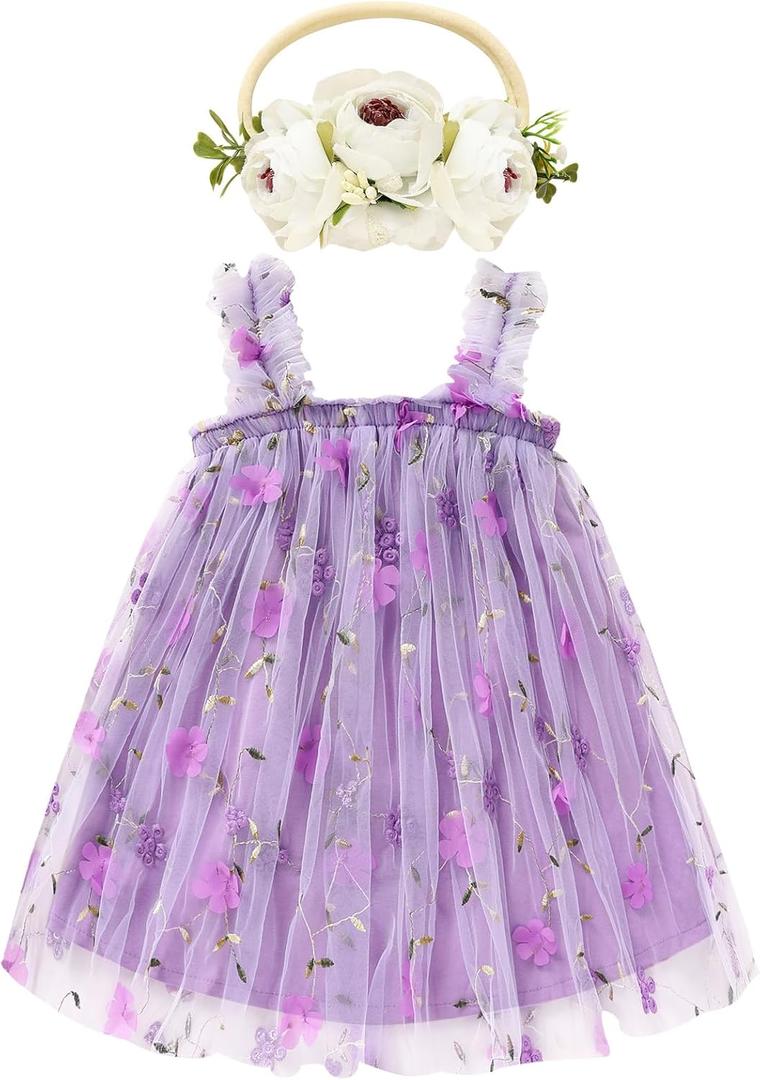 GRNSHTS Toddler Baby Girl Tutu Dress Sleeveless Floral Print Tulle Dress Little Girl Princess Dresses with Flower Headband (3-6 Months, Purple)