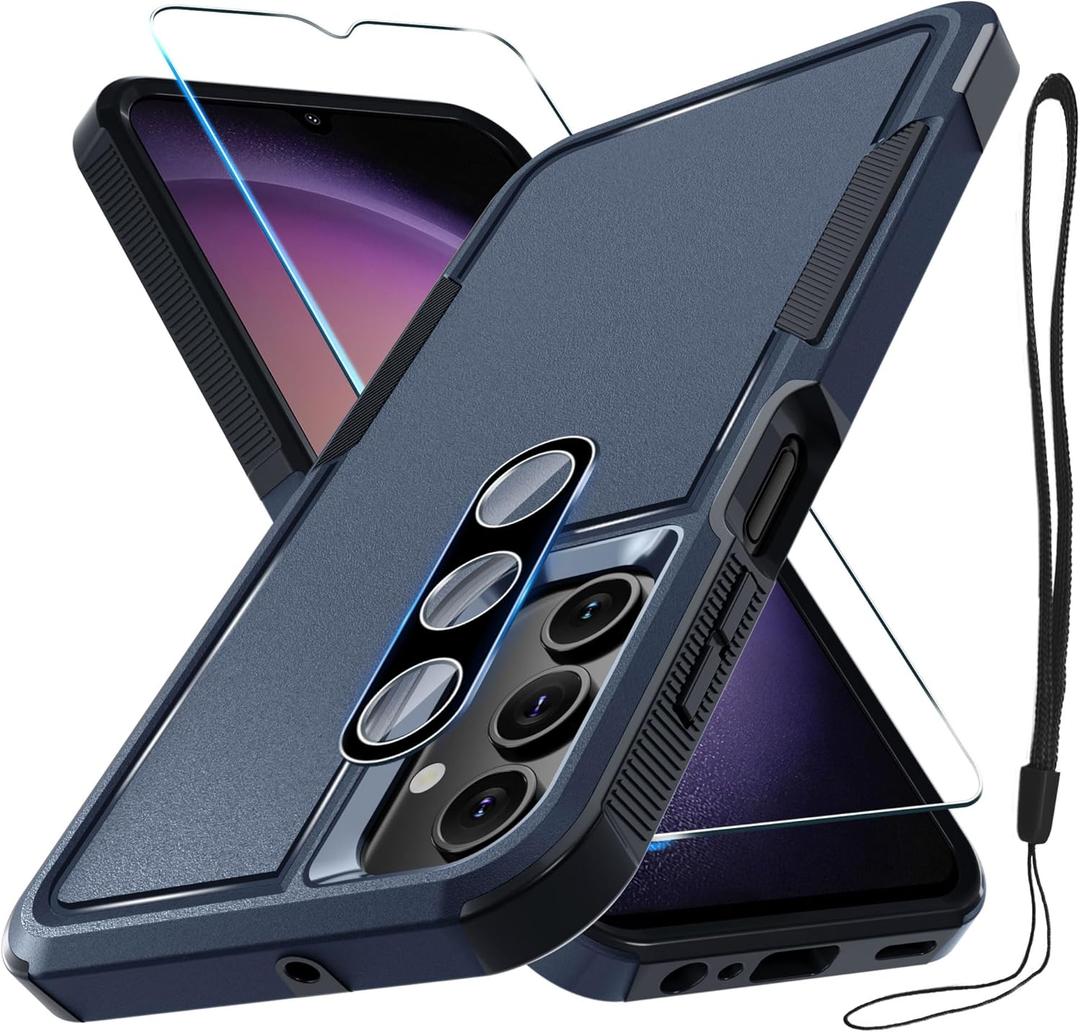 RMOCR Case for Samsung Galaxy A15 5G, Full Body Heavy Duty Rugged Shockproof Protective Phone Cover with Lanyard Strap, Tempered Glass Screen Protector and Camera Lens Cover, Navy Blue