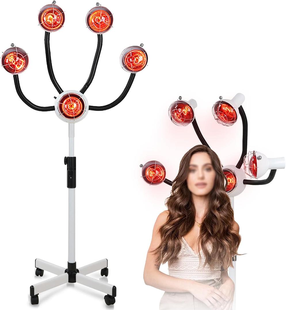 750W 5 Head Infrared Heat Lamp Red Light Portable Floor Hair Dryer Stand Up Color Processor Styling Perming Dryer Accelerator 110Vwith Metal Lampshade