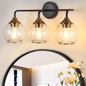 Gold 3-Lights Vanity Light Modern Vanity Lights for Bathroom Over Mirror ,Brushed Brass Bathroom Light Fixtures, Farmhouse Wall Sconces with Clear Glass Shade for Mirror Living Room Hallway (Black)