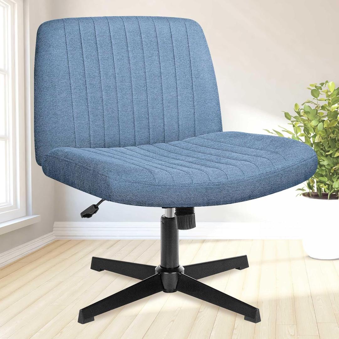NEO Chair Criss Cross Chair No Wheels Armless Cross Legged Office Desk Wide Comfy Vanity Makeup Chair Adjustable Computer Task for Home Office Fabric (Blue)