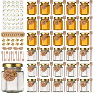 3 oz Mini Honey Jars with Dipper, 30 Pack Glass Hexagon Honey Jar for Baby Shower, Empty Glass Jars for Wedding Favors and Party