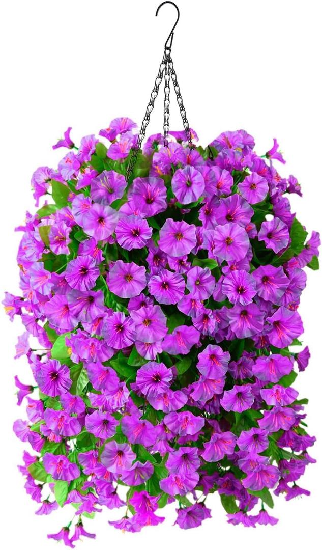 INQCMY Artificial Flowers for Outdoor Spring Summer Decoration Faux Silk Morning Glory Fake Hanging Flowers UV Resistant Look Real for Home Porch (3Pcs Purple Ombre+1 Baske)