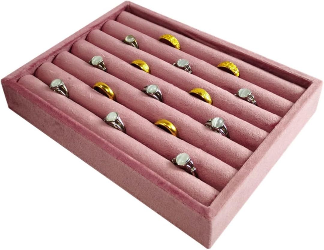 Velvet Ring Organizer Tray, Small Jewelry Storage Holder with Sponge Insert,Earring Rings Trays for Store Display Jewelry Show Home (Pink, 7.9"x5.9"x1.25")