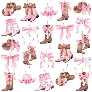Funrous 22 Pcs Coquette Cowgirl Party Decorations Pink Western Cowgirl Hanging Swirls Boots and Bows Hanging Streamers Decorations for Rodeo Bachelorette Party Decor Baby Shower Birthday Supplies