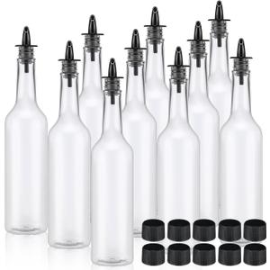 Tioncy 10 Sets 15oz Plastic Liquor Bottles with Pourers Sets 10 Plastic Long Neck Syrup Bottles with Pourer and Caps Reusable Leakproof for Home Party Bar(Black)