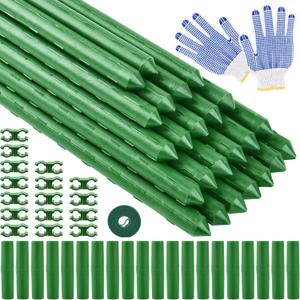 WAENLIR Garden Stakes16 Inch 24 Pack, Tomato cage DIY 4ft 5ft 6ft 7ft 8ft Plant Support Stakes with Connectors and Clips, Plastic Coated Metal Sticks for Tomato Indoor Outdoor