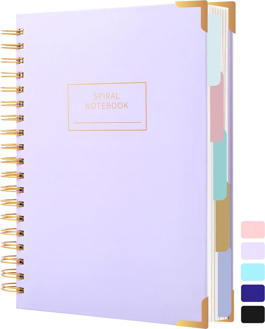Hardcover Spiral Notebook with Tabs 8"x10" Large Spiral Lined Journals for Women with Dividers 240 Pages College Ruled Composition Notebook 5 Subject Notebook for Work, Back to School, Gifts, Purple