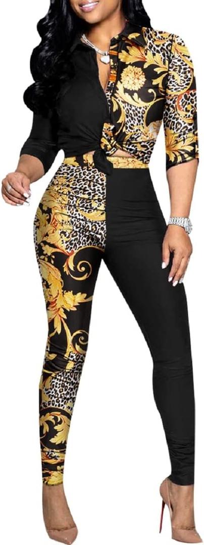 Glozeplus 2 Piece Outfits for Women Sexy Bodycon Long Sleeve Crop Tops Long Pants Sets Floral Print Tracksuits Jumpsuits (Medium, Colorful10884-6)