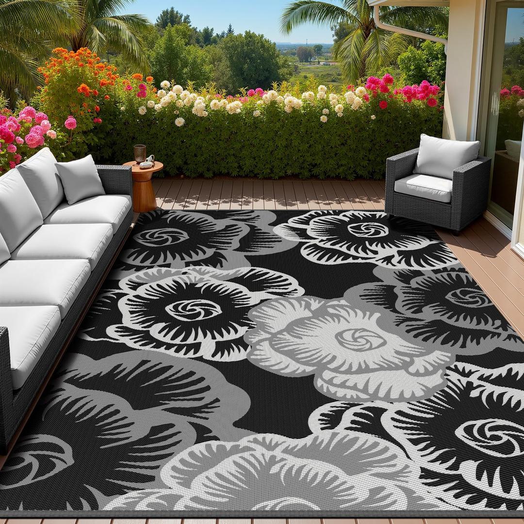 MontVoo Outdoor Rug 8x10 ft Waterproof Patio Rug-Outdoor Carpet Mat Reversible Plastic Straw Outside Outdoor Rug for RV Camping Picnic Beach Balcony Backyard Pool Deck Porch Farmhouse Floral Black