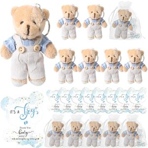 Poen 25 Sets Bear Baby Shower Favor for Guest 25 Stuffed Plush Mini Bears Plaid Tiny Stuffed 25 Thank You Cards and Organza Bag for Gender Reveal Guest Gifts(Boy)