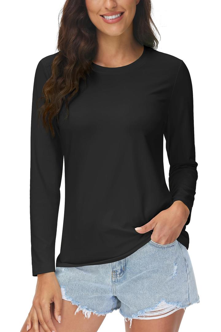 MAGCOMSEN SPF Shirts for Women Long Sleeve Quick Dry Lightweight T-Shirts Athletic Running Hiking Workout Tops Black 2XL (Green, XXL)
