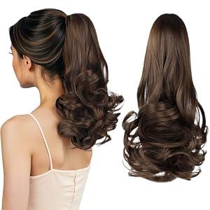 HEWEICSY Ponytail Extension, Clip on Ponytails for Women, 14" Claw Clip in Short Curly Wavy Pony Hair Extension for Women - Brown