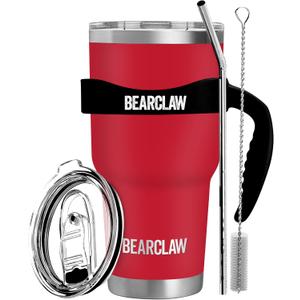 MalloMe BEARCLAW Insulated Tumbler With Handle & Straw - Stainless Steel Tumblers Coffee Travel Mug - Reusable Insulated Cup for Water with Brush, 2 Lids & Straws - Splash-Proof 30 Oz Ruby Red