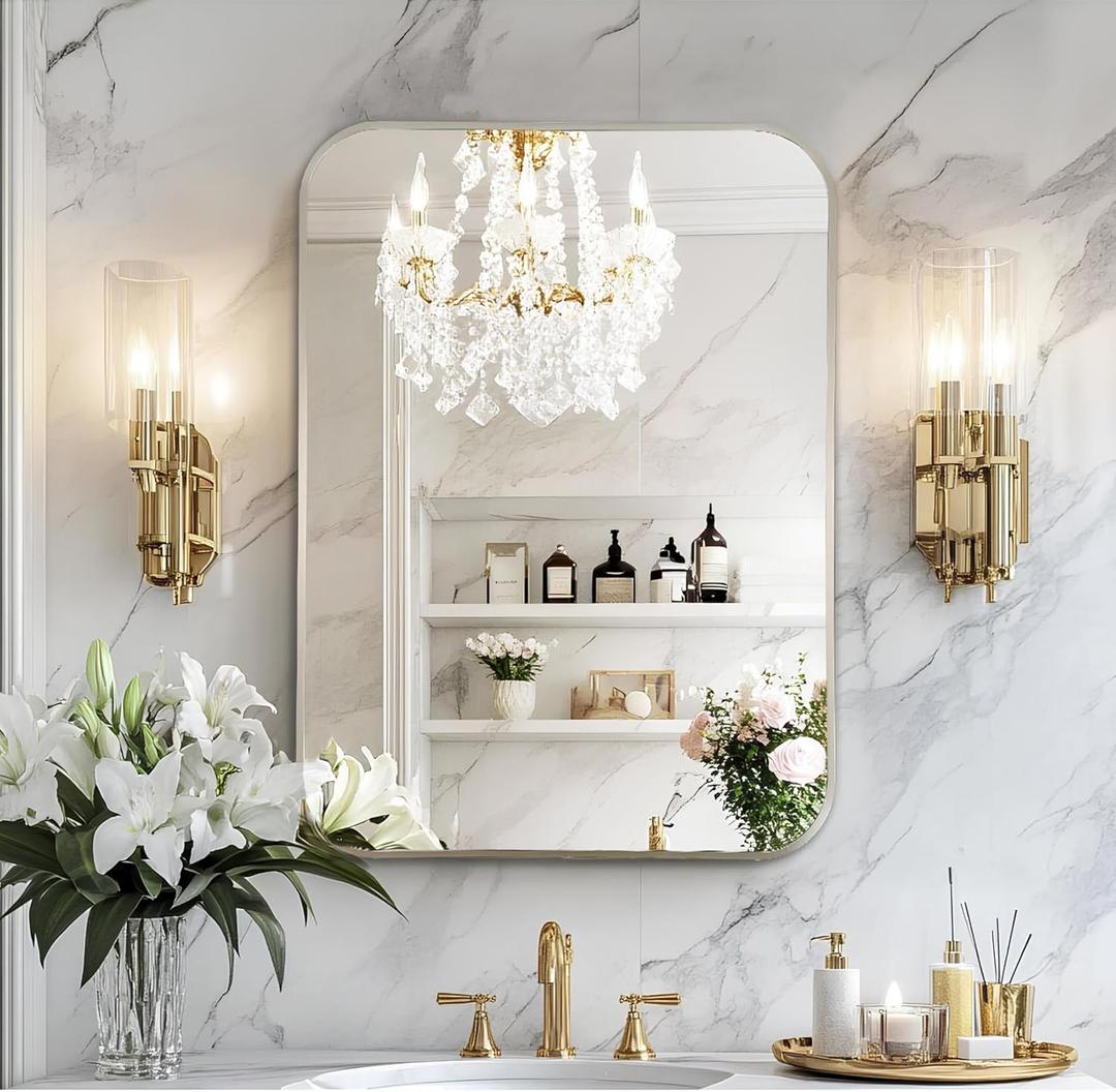 MZON 24x32Inch Brushed Nickel Bathroom Mirror, Rectangle Wall Mounted Mirror for Bathroom or Entryway, Anti-Rust Frame & Tempered Glass, Hangs Horizontally/Vertically - Farmhouse or Bathroom Decor