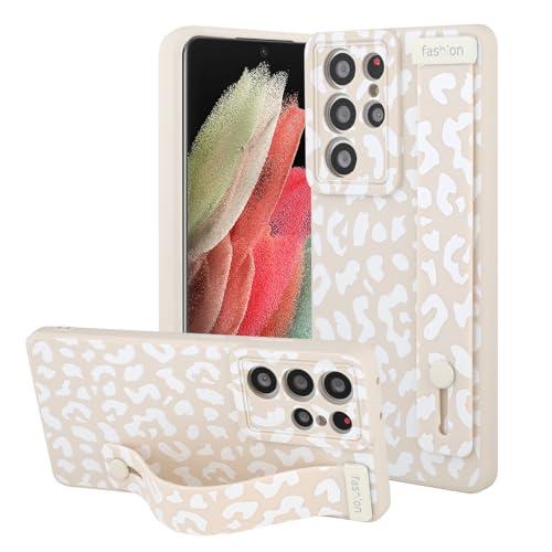 OOK Compatible with Samsung Galaxy S21 Ultra Leopard Case with Wrist Strap, White Leopard TPU Shockproof Protection Slim Cover with Camera Protection for Women Girls