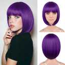 Bob Wig, 12 Inch Short Bob Dark Purple Wig with Bangs, Synthetic Heat Resistant Dark Purple Wigs for Women Girls with Wig Cap, Colourful Hair Wigs with Adjustable Straps for Party Cosplay Daily Use