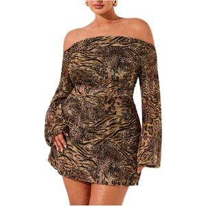 SOLY HUX Women's Plus Size Off The Shoulder Tie Dye Mini Dress Flared Long Sleeve Bodycon Party Dress Brown Leopard, X-Large Plus