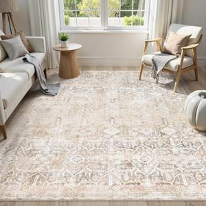 Collive Washable Area Rug 8x10, Neutral Boho Rugs for Living Room Rugs 8x10 Non Slip Farmhouse Modern Bedroom Carpet Stain Resistant Aesthetic Print Accent Floor Mat for Dining Guest Office - Beige