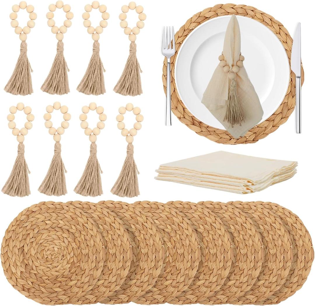 24 PCS Round Woven Placemats Set, 8 Boho Rattan Tablemats 13" Natural Water Hyacinth Farmhouse Place Mats with 8 Cotton Napkins, 8 Wooden Beads Napkin Ring for Kitchen Dining Table Decor