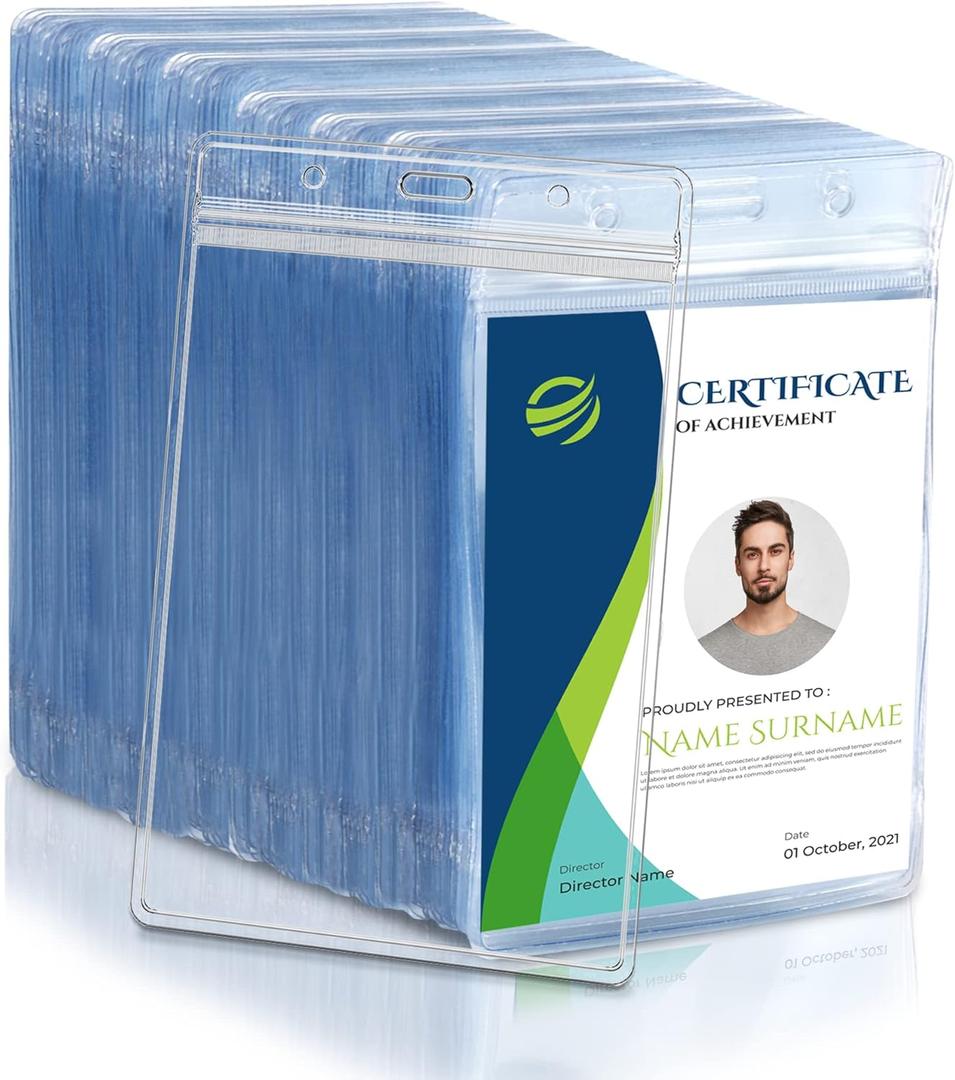 50 Pcs Vertical Clear ID Badge Holders, 4x3 Inch Waterproof PVC Plastic Badge Holders with Resealable Zip, Fits RFID/Proximity/Badge Swipe Cards, Credit Cards, Office, School, Events