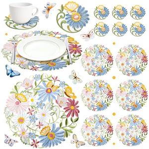 Tudomro 12 Pcs 14 Inches Spring Floral Daisy Embroidered Placemats and Coaster Set of 6 Double Layer Round Table Placemats Washable Daisy Mats for Holiday Wedding Party Festival Dinner Decorations