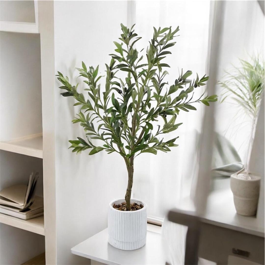 GreenBoxx Artificial Olive Tree 3ft Faux Plant with White Planter & Pebbles - Realistic Silk Leaves Modern Fake Plants Fake Olive Potted Trees Decoration Perfect for Home, Office, and Indoor Decor