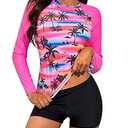 Daci Women Pink Two Piece Rash Guard Long Sleeve Swimsuits UV UPF 50+ Swim Shirt Bathing Suit with Boyshort Bottom S