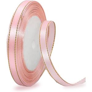 Blush Pink Satin Ribbons 3/8 Inch x 25 Yards, Fabric Ribbon with Gold Edges Border for Gift Wrapping, DIY Crafts, Floral Bouquets, Hair Bows, Sewing Projects, Baby Shower and Wedding Decorations