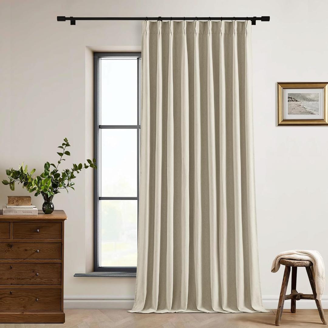 Pinch Pleat Flax Linen Blackout Curtains 120 Inch Length Extra Wide 60 Inch Width for Living Room Sliding Glass Door Pleated Back Tab Thick Burlap Memory Trained Window Drapes Taupe 60x120 1 Panel