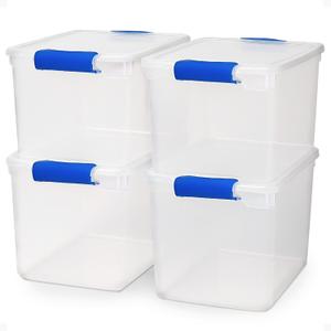 HOMZ 4-Pack Latching Lid, Large Clear Plastic Storage Bins with Lids, 31 Quart, Blue Latch - Stackable Container Boxes for Home, Bathroom, and Office Organization