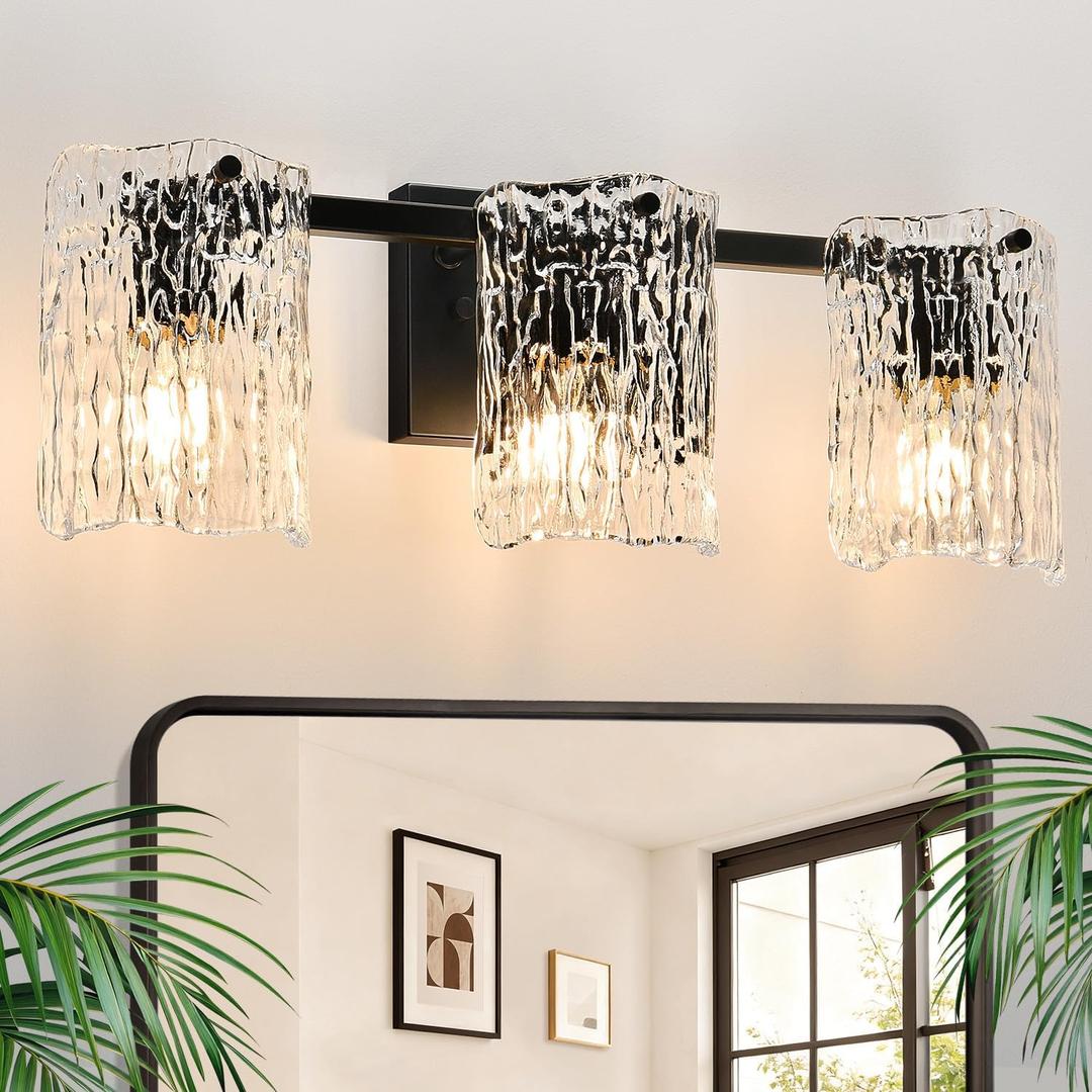 Bathroom Light Fixtures, 3-Light Vanity Lights with Water Ripple Glass Shade, Modern Black Bathroom Lights, Vanity Wall Lamp for Mirror (19.5in)