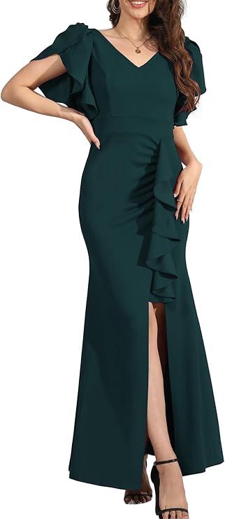 Formal Gowns and Evening Dresses Wedding Guest Dresses for Women Prom Dress Long V-Neck Ruffle Short Sleeve, Large, Ink Green