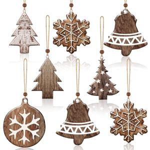 Leinuosen 24 Pcs Farmhouse Christmas Ornaments 3D Rustic Vintage Country Wood Snowflake Christmas Tree Ornaments Xmas Tree Hanging Decorations for Home Fireplace Office Festive Decoration