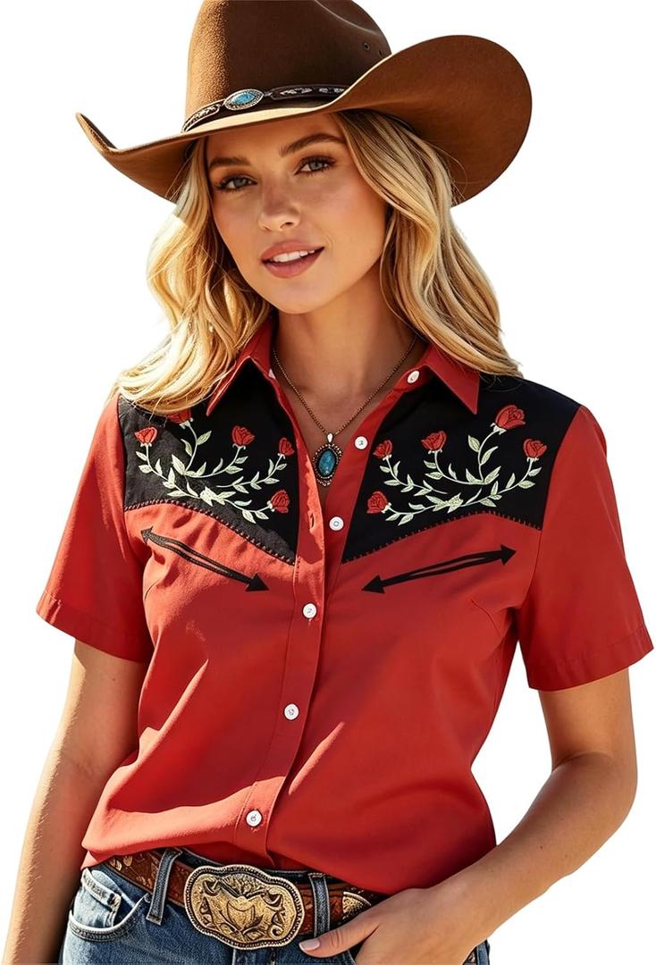 Western Shirts for Women Retro Cowgirl Shirt Rodeo Button Up Tshirt Hawaiian Summer Vacation Short Sleeve Top Blouses L